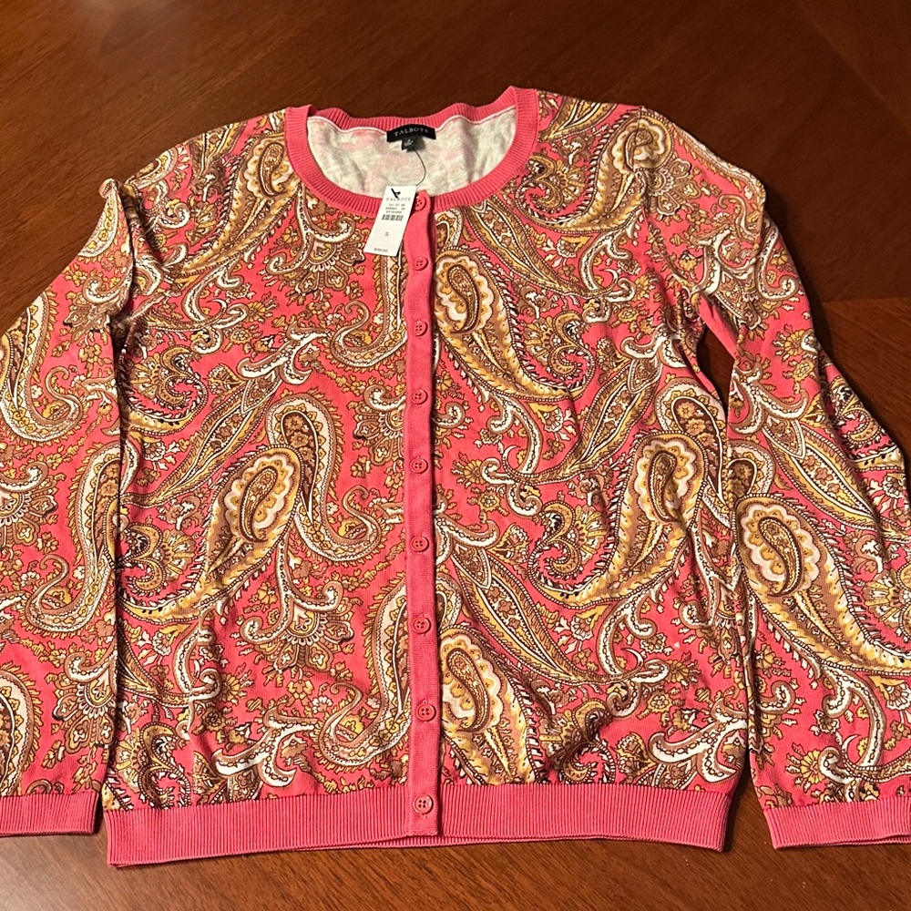 Talbots NWT Paisley Print Pink Cardigan Sweater - Size Small